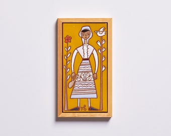 Farm Girl Vintage Greece Tile Modern Folk Art Yellow Color Gifts For Sister Woman Painting Traditional Wall Art Greek Village Home Decor