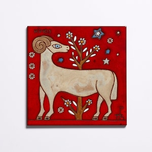 Signe du zodiaque Bélier constellation en céramique carte carreau peint à la main cadeau personnalisé signes du zodiaque oeuvre d'art originale horoscope thème astrologique
