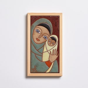 Mother And Child Art  Woman Handmade Ceramics Artwork Family Portrait Art Tile Modern Mother And Child Portrait Vintage Figures