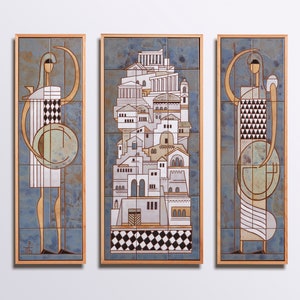 3 Piece Wall Art Ceramic Tiles Framed Wall Art Set Wall Mural Greek Mythology Triptych Athens Greece Architectural Decoration Large Wall Art