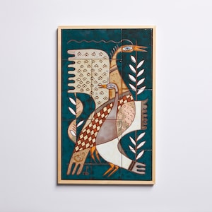 Deux oiseaux thème carreaux de céramique art mural fait main pour enfants décoration de bureau cadeau de mariage salle d'étude enfants art vert émeraude oiseau coloré oeuvre originale