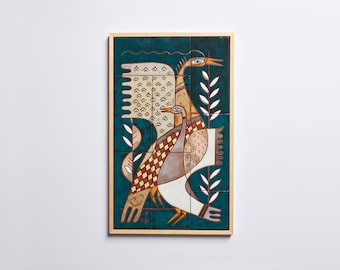 Piastrelle in ceramica a tema due uccelli, fatte a mano, decorazione da parete per scrivania per bambini, regalo di nozze, sala studio, arte per bambini, uccello colorato verde smeraldo, opera d&#39;arte originale