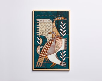 Deux oiseaux thème carreaux de céramique fait à la main mur Art enfants bureau Decor cadeau de mariage salle d'étude enfants Art vert émeraude oiseau coloré oeuvre originale