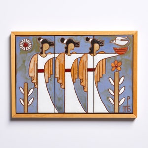 Art Tile Three Modern Figures Greek Mythology Handmade Ceramic Wall Plaque Greece Wall Art Dusty Blue Home Office Deco Female Line Art