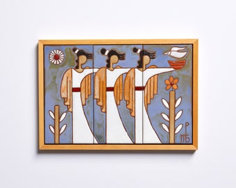 Art Tile Three Modern Figures Greek Mythology Handmade Ceramic Wall Plaque Greece Wall Art Dusty Blue Home Office Deco Female Line Art