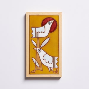 Bird Theme Decor Ceramic Handmade Tile Newly Weds Gift Kids Room Wall Art Colorful Twins Animal Ceramics Yellow Nature Wall Art Two Birds