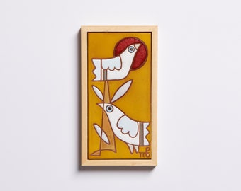 Bird Theme Decor Ceramic Handmade Tile Newly Weds Gift Kids Room Wall Art Colorful Twins Animal Ceramics Yellow Nature Wall Art Two Birds