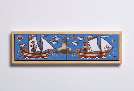 Fishing Boat Horizontal Painting Hand Painted Ceramic Tile Framed Art Tiles Nautical Wall Art Lighthouse Painting Greek Folk Art Painting