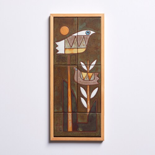 Carrelage oiseau en céramique fait main - Décoration murale encadrée