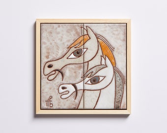 Paard schilderij keramische kunst tegel wand decor handgemaakte paardensport geschenken kinderkamer kunst dier paar huwelijksgeschenk esthetische kunstwerken eenvoudige lijnen