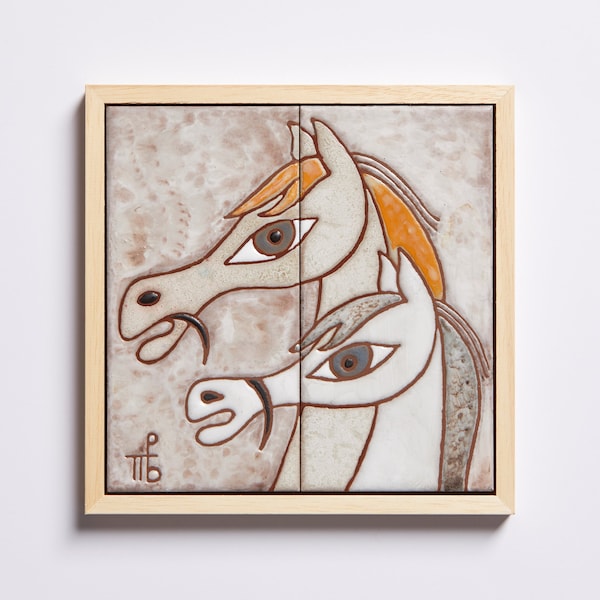 Peinture de cheval Carrelage d'art en céramique Décoration murale Cadeaux équestres faits à la main Art de la chambre d'enfant Couple d'animaux Cadeau de mariage Oeuvre esthétique Lignes simples