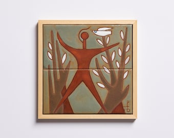 Menselijke figuur handgemaakte tegel keramische muur kunst Housewarming geschenk figuur studie minimalistische muur kunst aardse kleuren menselijk ontwerp eenvoudige lijn