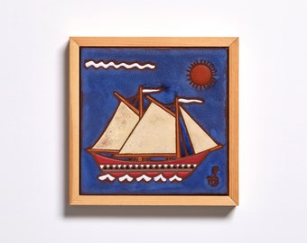 Sea Boat Wall Art Ship With Sails Original Artwork Modern Folk Art Handpainted Ceramic Nautical Decor Seaman Maritime Greece Sailing Gift