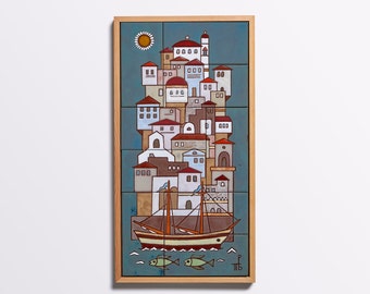 Peinture murale en céramique port ville côtière, bateau à voile, peinte à la main, art du carrelage, décor nautique, art mural encadré géométrique pour architecte, bateau avec voiles