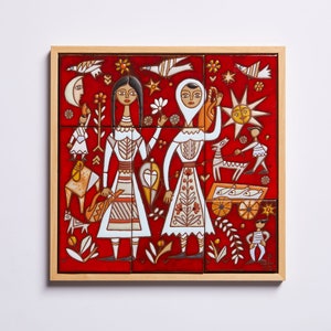 Folk Art Greece Pottery Girl Wall Plaques Decor Handmade Ceramic Tile Mural Housewarming Gift Modern Traditional Vintage Style Home Decor