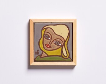 Female Portrait Ceramic Tile Wall Decor Woman Art Folk Girl Original Artwork Motherhood Yellow Handmade Tile