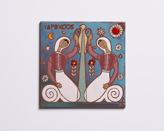 Aquarius Ceramic Tile Art, Zodiac Constellation, Hand-Painted Wall Decor