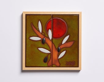 Olive Tree Ceramic Minimalist Wall Art Framed Handmade Tile Chartreuse Art Housewarming Outdoor Decor House Entrance Decor Modern Farmhouse