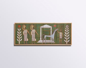 May include: A green tiled wall mural depicting a stylized scene with two figures in white and brown robes, a white horse, a small white building with a green roof, a red sun, and two green trees with white leaves.