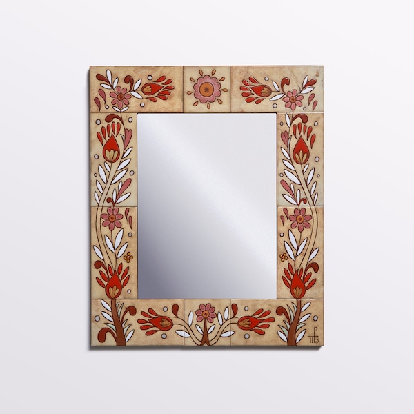 Miroir mural en céramique peint à la main de style bohème, décoration florale à faire soi-même, mosaïque beige, miroir en mosaïque de style bohème, porte-manteau mural, miroir carré