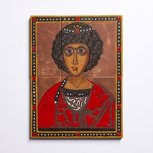 Aghios Georgios Saint George Ceramic Tile One Of A Kind Byzantine Hagiography Name Day Gift Vintage Wall Hanging Hand-painted Religious Icon