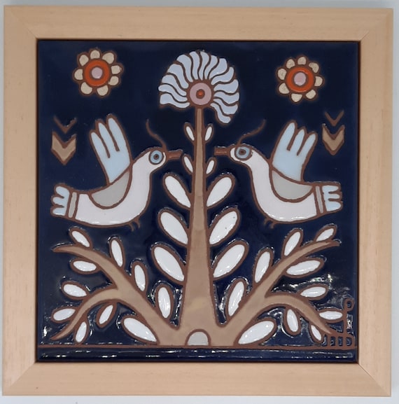 Cobalt Blue Greek Traditional Art - White Birds Flirting Scene Wall Art Romantic Artwork