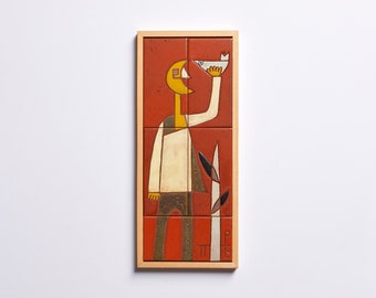 De maan geschilderde figuur kunst tegel muurschildering aardewerk handgemaakte oranje muur decor origineel kunstwerk minimalistische kunst aarde toon muur kunst maan figuur