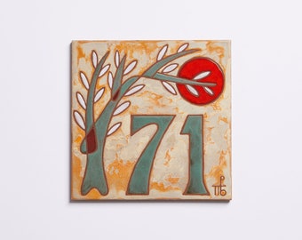 Handmade Ceramic Tile House Number Sign, Olive Tree Decor
