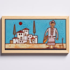Mountainous Greek Village Girl Ceramic Art Tile Wall Decor Handmade Hanging Farmhouse Highland Original Artwork Blue Tiles Nostalgic Gifts