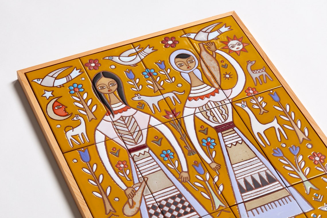 Greek Folk Art Girl Wall Decor Handmade Ceramic Tile Mural Etsy