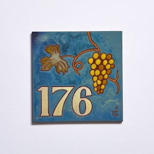 Bunch Of Grapes Ceramic Handmade House Numbers Tile Decor Home Entrance Custom Made Address Sign Square Vineyard Entryway House Number Tile image 1