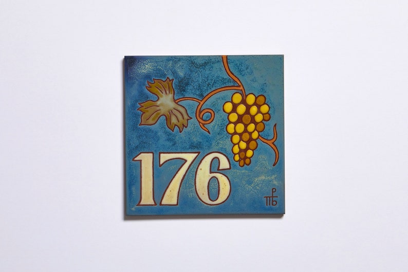 Bunch Of Grapes Ceramic Handmade House Numbers Tile Decor Home Entrance Custom Made Address Sign Square Vineyard Entryway House Number Tile image 1