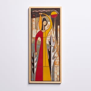 Mid Century Modern Wall Decor, Female Figure Colorful Wall Art, Womens Day Ceramic Tile, Pottery Handmade, Ceramics Framed Art, Bas Relief