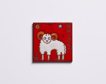 Aries Zodiac Tile: Hand-Painted Ceramic Horoscope Art