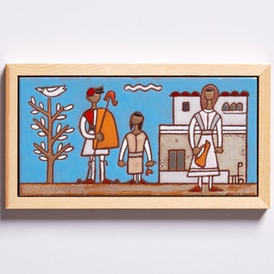 Family Wall Artwork Greek Village House Handmade Ceramic Wall Tile Hanging Farm House Decor Original Artwork Greece Staircase Wall Art