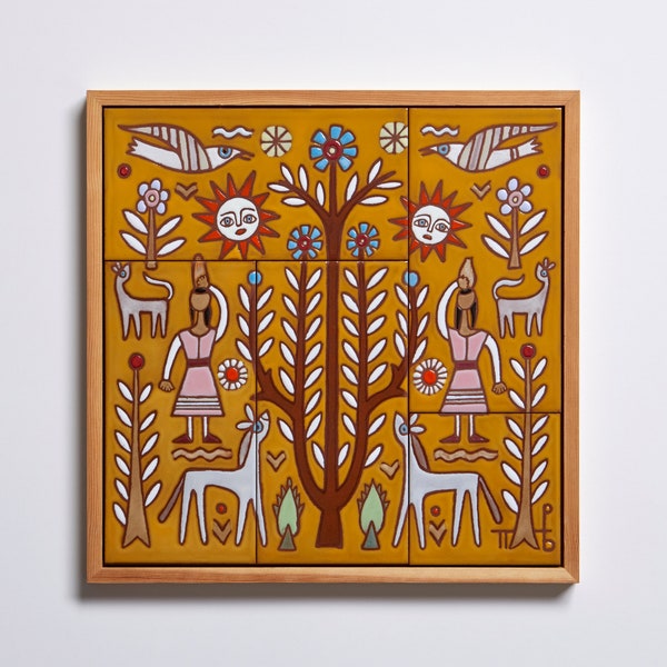 Floral Painting Art Ceramic Tiles Greece Modern Folk Art New Home Gift Farm Girl Vintage Yellow Framed Wall Art Farmhouse Decor Mid Century