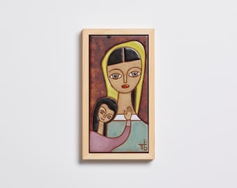 Mother Daughter Portrait Handmade Ceramic Tile Bright Eyes Art Woman Family Portrait Art Tile Modern Mother And Child Art