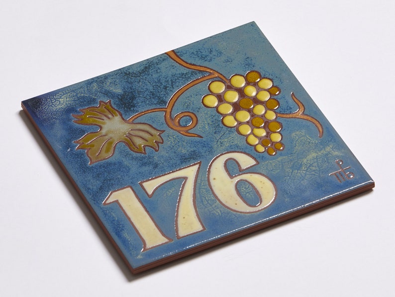Bunch Of Grapes Ceramic Handmade House Numbers Tile Decor Home Entrance Custom Made Address Sign Square Vineyard Entryway House Number Tile image 5