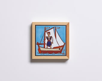 Fishing Boat Art Handpainted Ceramic Tile Maritime Wall Hanging Turquoise House Decor Seaman Bar Cabinet Fisherman Gift Beach Themed Decor