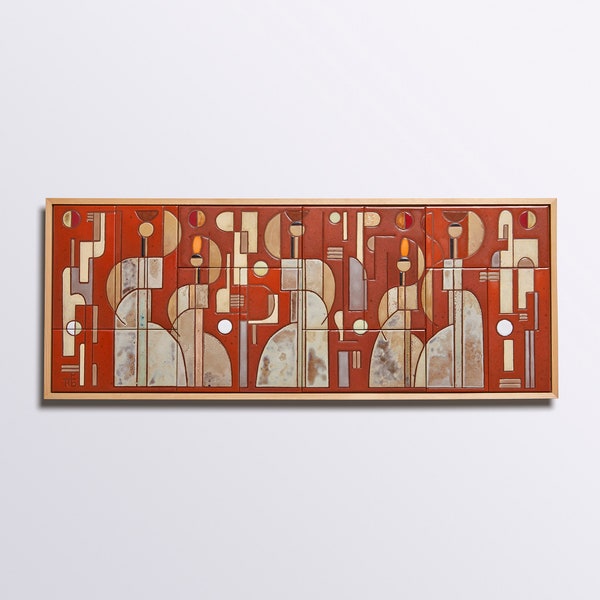 Vintage 70s Ceramic Wall Art Mural: Abstract Figures, Orange Tile