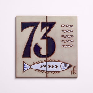 Beach House Number Plaque Handmade Ceramic Tile Custom Made Numbers Personalized Address Sign Square Lake House Decor Fish Theme Beach Art