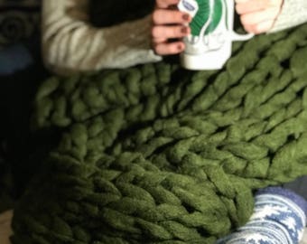 3' by 7' Hand-Knit Chunky Throw Blanket, Couture Jazz Olive