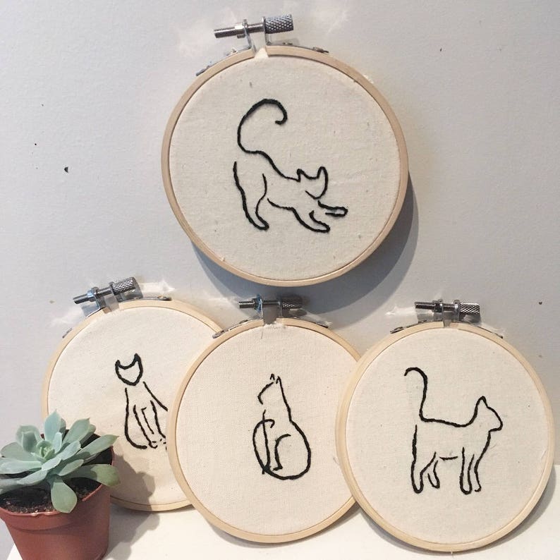 Cat outline 4 hoop Single or Sets Wall Hanging Hand Embroidery Hoop Art