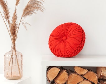 Coral red natural linen decorative pillow