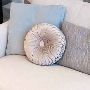 Round premium cushion Decorative pillow Birthday gift for her or for him Light gray handmade smocking velvet cushion 33x33cm image 4