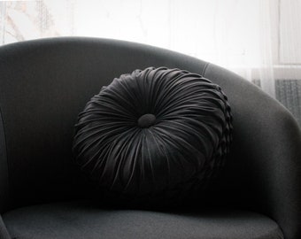 Handmade round smocking embroidered black decorative velvet cushion