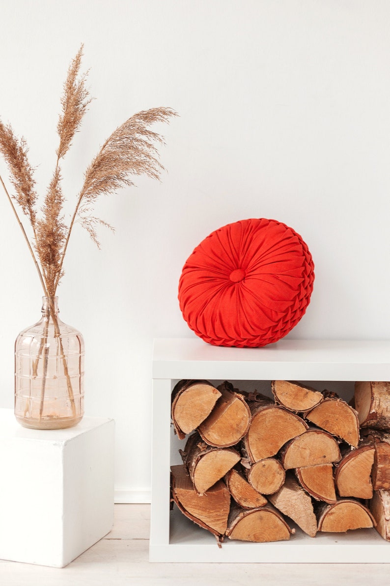 Coral red natural linen decorative pillow image 1