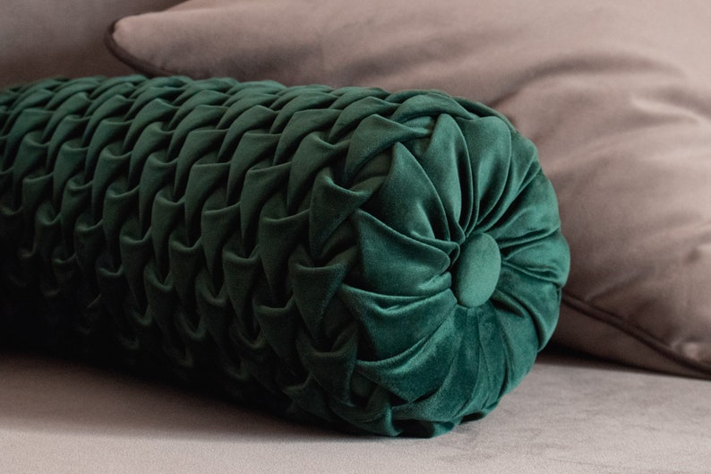 Decorative bolster pillow dark emerald green round velvet Etsy