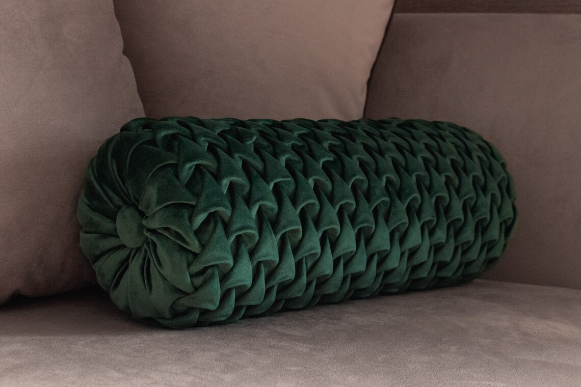 Decorative bolster pillow dark emerald green round velvet Etsy