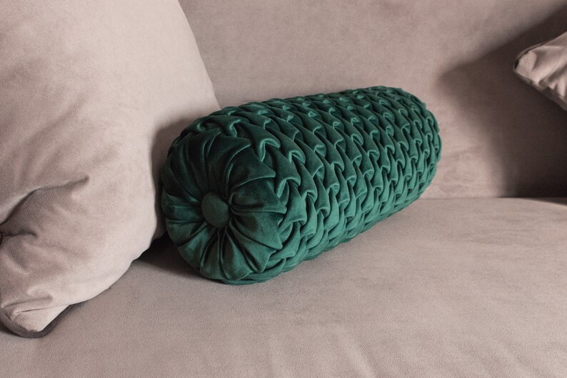 Decorative bolster pillow dark emerald green round velvet Etsy